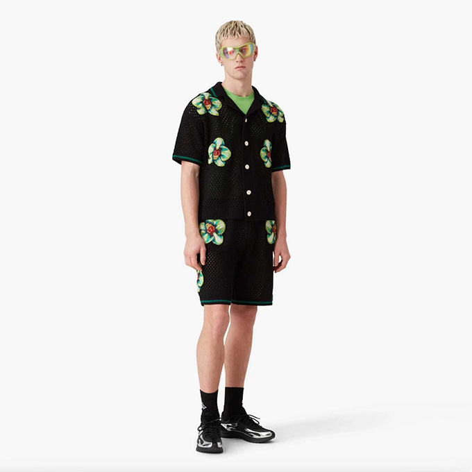 casablanca floral embroidered mesh knit camp collar shirt & shorts